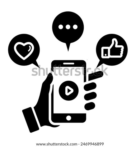 Mobile Phone Line click likes, comments and loves Icon photo and video. Hand holding smartphone.