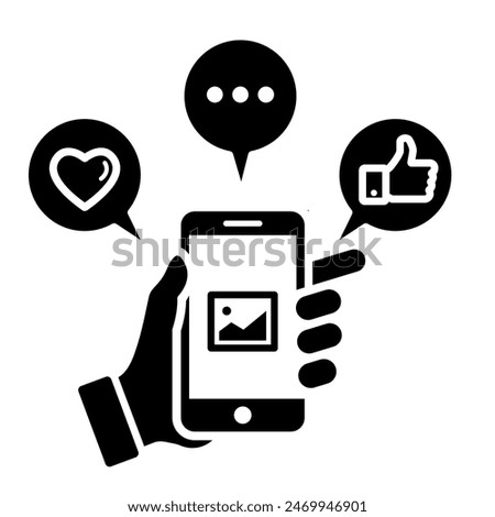 Mobile Phone Line click likes, comments and loves Icon photo and video. Hand holding smartphone.