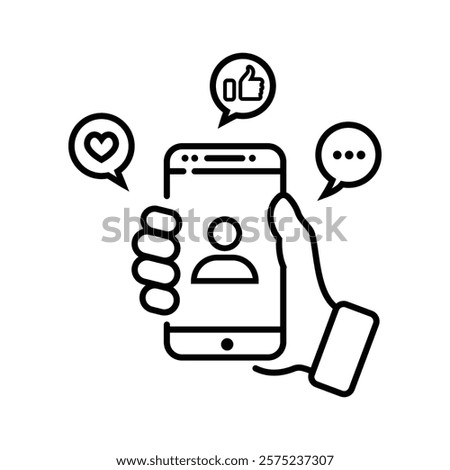 Mobile Phone Line click likes, comments and loves Icon photo and video. Hand holding smartphone.