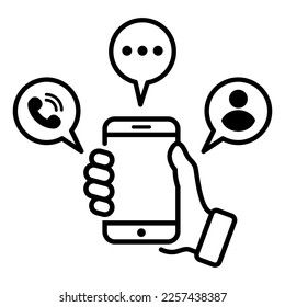 Mobile Phone Line Contact, call and message Icon. Hand holding smartphone.