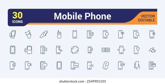 Mobile Phone line icon collections. Includes icons for web, phone, network, device, telephone, payment, hand and more. Pixel perfect. Vector icons editable stroke.