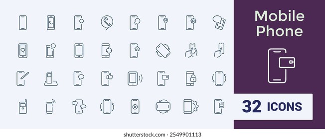 Coleções de ícones de linha de telefone celular. Inclui ícones para web, telefone, rede, dispositivo, telefone, pagamento, mão e muito mais. Pixel perfeito. Traçado editável dos ícones de vetor.