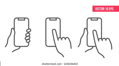 Mobile Phone Line Icon.
Hand holding smartphone. Smartphone with white screen vector eps10. 