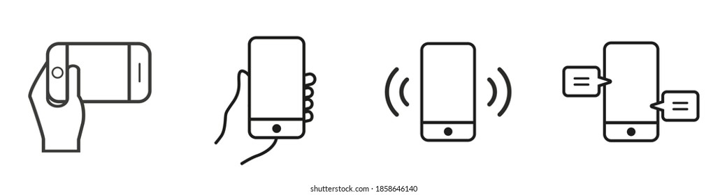 Mobile phone line icon. Mobile phone in hand. The smartphone vibrates. Hand holding a smartphone. Vector illustration on white background