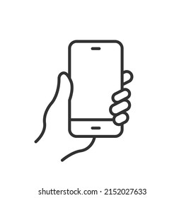 Mobile Phone Line Icon. Hand holding smartphone isolated on white background. Vector EPS 10