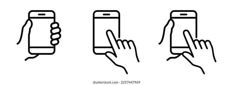 Icono de línea de teléfono móvil. Mano sosteniendo el smartphone con un conjunto de vector de pantalla blanca.