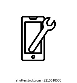 Mobile phone line icon illustration with wrench.  icon illustration related repair, maintenance. Simple vector design editable