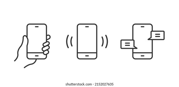 Mobile Phone Line Icon set. Hand holding smartphone. Smartphone with notification and messages symbols isolated. Vector EPS 10