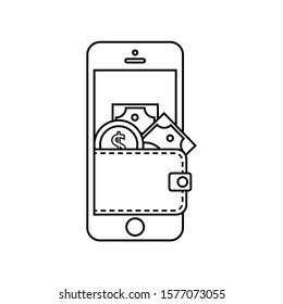 Mobile phone lines icon. Wallet with paper money and coin on screen. Internet banking. Money transfer.