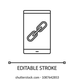 Mobile phone with link sign linear icon. Thin line illustration. Hyperlink. Connection. Contour symbol. Vector isolated outline drawing. Editable stroke