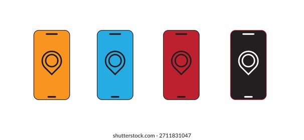 Mobile phone location icon set. Smartphone GPS navigation pin map symbol.