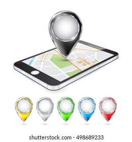 Mobile phone with location icons. Touchscreen smartphone. Concept of route, landmark, adventure, explore. Vector illustration.