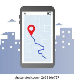 mobile phone with location pin and street map, smartphone displaying  app interface