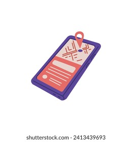 Mobile phone with locator pin of map or navigation mark. Online delivery service or delivery tracking mobile application, gps. Geo tag location and travel guide vector illustration