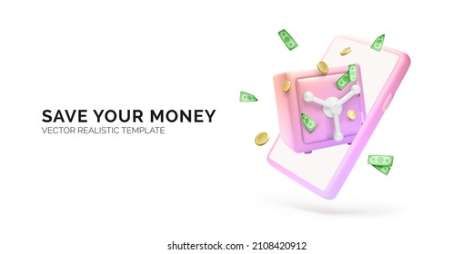 Mobile Phone With Lock Safe And Falling Gold Coin And Paper Money. Online Banking Or Smart Bank Security Service Application. Vector Illustration