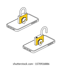Mobile phone lock safety shield. Vector 3d isometric, color web icon, new flat style. Creative illustration design, idea for infographics.