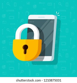 Mobile phone with lock vector illustration,  flat cartoon locked smartphone via padlock guard, concept of security or privacy, cellphone protection technology, safe authorization, prohibited access