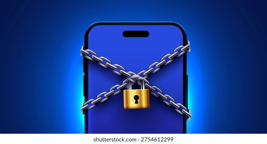 Mobile phone locked with chains and a padlock, symbolizing digital security and data protection. Vector illustration