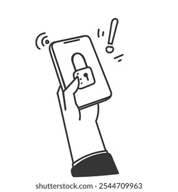 telefone celular bloqueado com ilustração de cadeado em desenho de doodle estilo cartoon