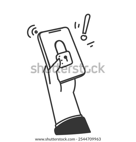 mobile phone locked with padlock illustration in doodle drawing cartoon style