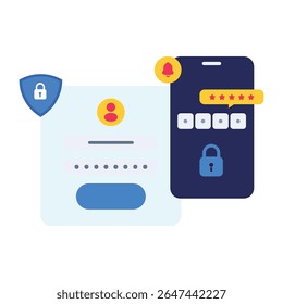 Telefone celular Login Tela Segurança App Interface Design Azul Amarelo Ícones Vermelhos Senha Entrada
