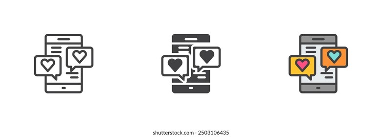 Mobile phone with love chat different style icon set. Line, glyph and filled outline colorful version, outline and filled vector sign. Phone with heart messages symbol, logo illustration. 