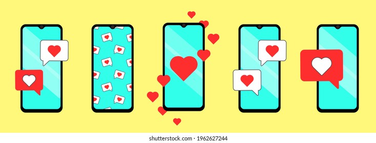 Teléfono móvil con mensaje de amor, conjunto de 5 smartphones aislados en fondo amarillo. Corazón en burbuja, como icono de notificación, sms. Diseño plano.