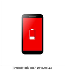 Mobile phone low battery with red screen concept. Smartphone and low battery.