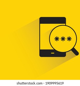 mobile phone and magnifier searching password on yellow background