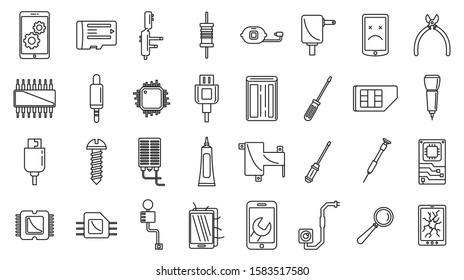 Mobile phone maintenance icons set. Outline set of mobile phone maintenance vector icons for web design isolated on white background