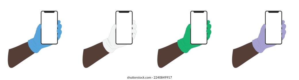 Mobile phone in a male hand, a hand in a medical, rubber glove, collage