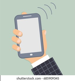 Mobile phone in the male hand. Smartphone in hand of businessman. Sleeve white shirt and a blue suit in light blue plaid. Three lines symbolize the call. Vector illustration. 