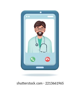 Mobile phone with man doctor on screen. Online Healthcare and medicine, telemedicine and medical consultation concept. 3d Realistic vector illustration isolated on white background.