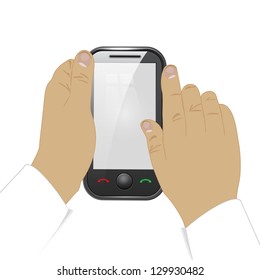 Mobile phone in  man hands , on a white background
