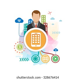 Mobile phone and man on abstract colorful background with different icon and elements. Mobile phone Flat design