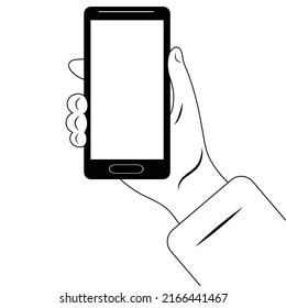 Mobile phone in a man's hand.  Vector flat illustration.