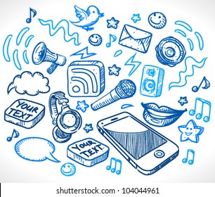 Mobile phone and many details(lips,rss,icons,speakers,sheets,microphone,headphones) - sketch style vector illustration for your business presentations