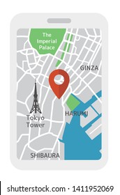 Mobile phone with map application ( Tokyo city ) flat illustration