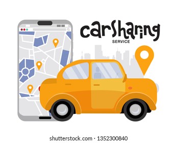 mobile phone with map and big city on background, car sharing service concept. Side view if yellow vehicle. Mobile app for renting car online. Vector flat cartoon illustration