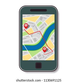 Mobile Phone With A Map Of The City And The Route From Point A To Point B. Vector Illustration

