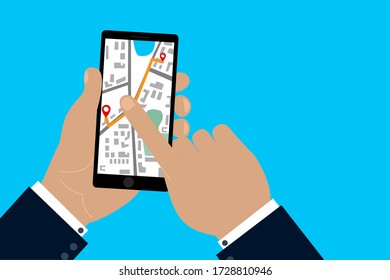 Mobile phone with a map in hand. Vector flat illustration of gadget icon with map. Stock Photo.