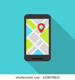 Mobile Phone Map Locator Flat Icon Long Shadow Vector Illustration.