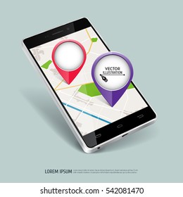 Mobile phone with map marker. Touchscreen smartphone. Concept of route, landmark, adventure, explore. Vector illustration.