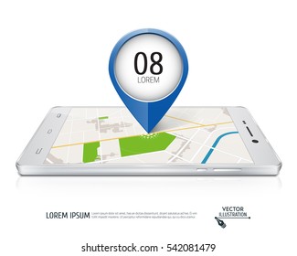 Mobile phone with map marker. Touchscreen smartphone. Concept of route, landmark, adventure, explore. Vector illustration.