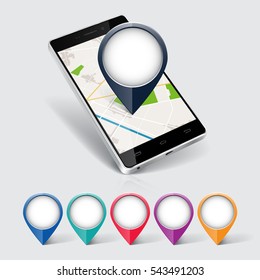 Mobile phone with map marker. Touchscreen smartphone. Concept of route, landmark, adventure, explore. Vector illustration.