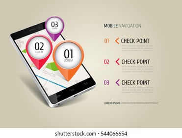 Mobile phone with map marker. Touchscreen smartphone. Concept of route, landmark, adventure, explore. Vector illustration.