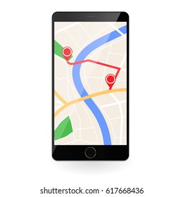 mobile phone with map plan of city and location red pointer vector illustration 