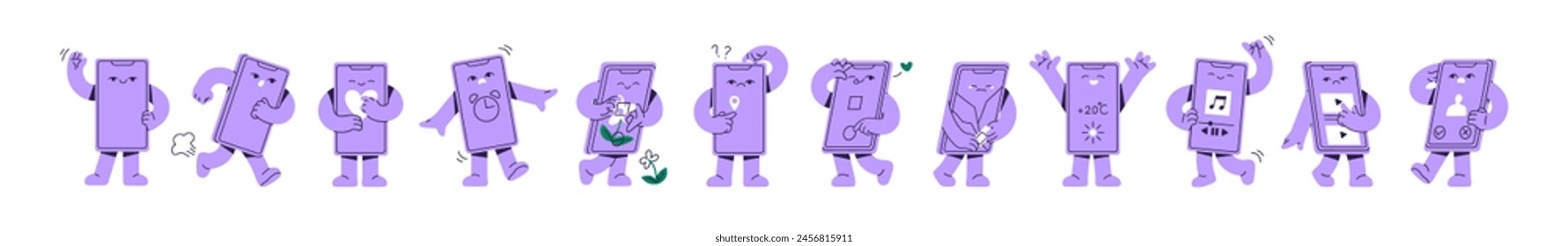 Juego de mascotas para teléfono móvil. Personaje de smartphone con diferentes emociones en la cara: feliz, triste, llora. Lindo teléfono celular de dibujos animados con piernas, brazos, manos. Ilustraciones vectoriales aisladas planas sobre fondo blanco