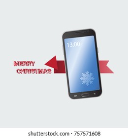 Mobile phone. MERRY CHRISTMAS. Congratulation. Gift. Offer of the transaction. Concept of notice of sale, e-commerce, delivery service. Icon of modern design.