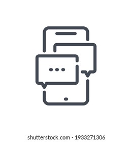 Mobile phone message communication line icon. Smartphone with chat boxes vector outline sign.